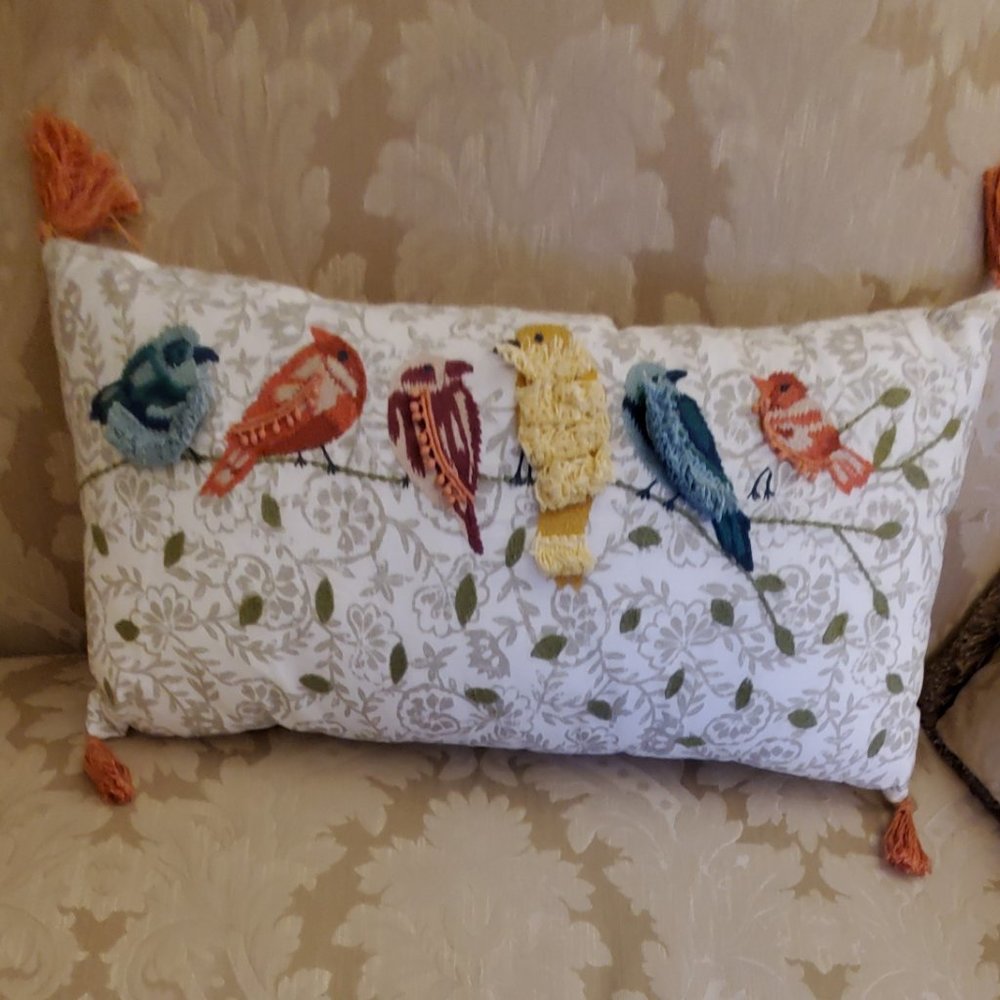 * PIER 1 Embroidery 6 Birds On A Branch with Tassel Ends 24 X 12"
